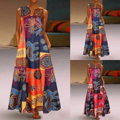 欧米風の街頭ファッションのレトロなプリントのワンピースの大きいサイズの婦人服の上着のvネックの袖なしのポケットの夏の大きいサイズ