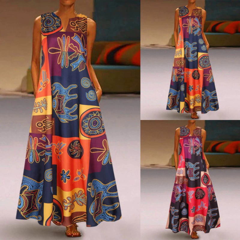 Европейский и американский стиль уличная мода ретро платье с принтом большого размера женский топ с V-образным вырезом без рукавов