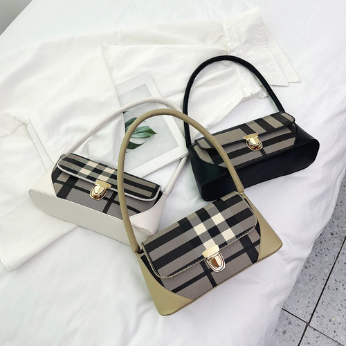 Plaid Contrast Color Bag Women's Fashion Personalized Shoulder Underarm Bag  New Trendy Niche Design Lock Small Shoulder Bag