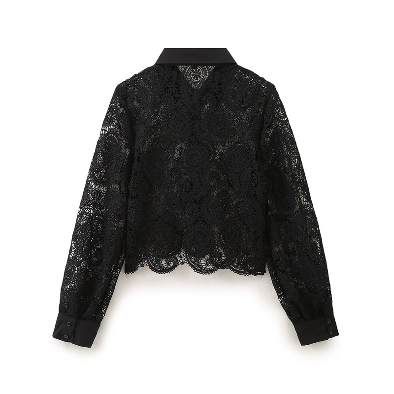 Cross-border Foreign Trade 2026 Women's New Style Turn-down Collar Slim Fit Crochet Knit Short Long-sleeve Shirt