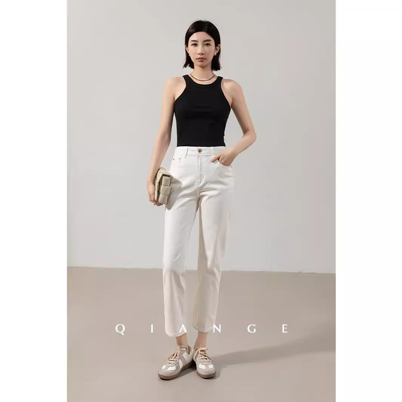 DENIM All-match Four-sided Elastic Upgraded White Straight-leg Jeans Women's Slim-fit Slim-fit Small Nine-point Smoke Tube Pants DENIM All-match Four-sided Elastic Upgraded White Straight-leg Jeans Women's Slim-fit Slim-fit Small Nine-point Smoke Tube Pants