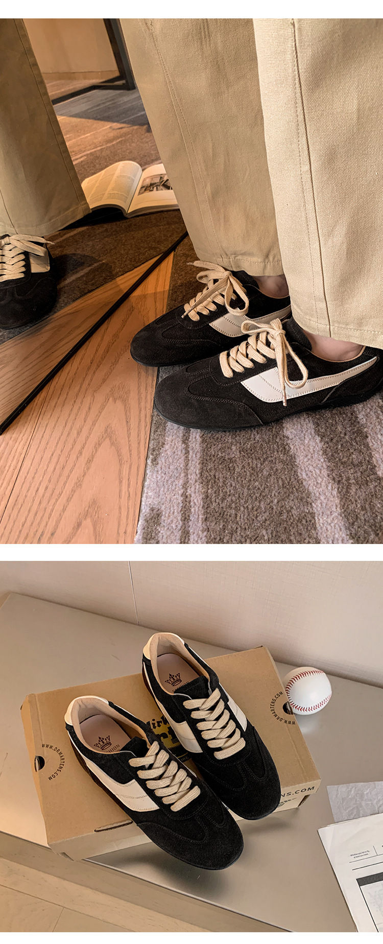 Giày sneaker nữ đế bệt mũi tròn dây buộc da thật phối màu phong cách Đức — Màu nâu chi tiết 20
