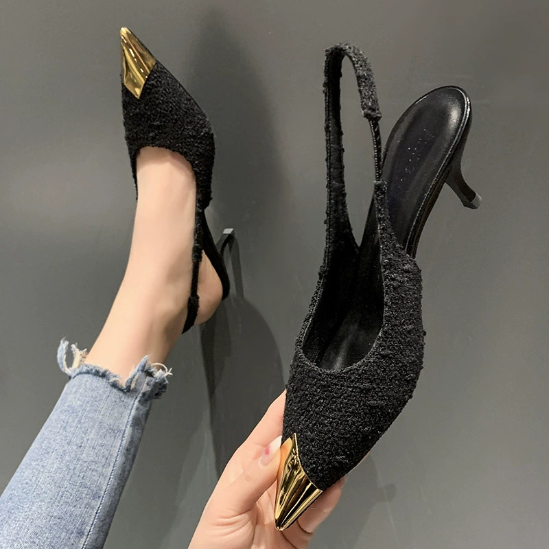 High-heeled low-cut sandals, summer slingback 6/9 cm heel, black patent or cashmere, sizes 35–40
