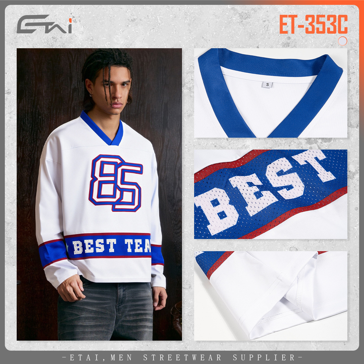 ETAI Hombre| Camiseta de hockey cuadrada de alta calidad, camiseta de manga larga, camiseta de moda de cuello en V, camiseta de hombre