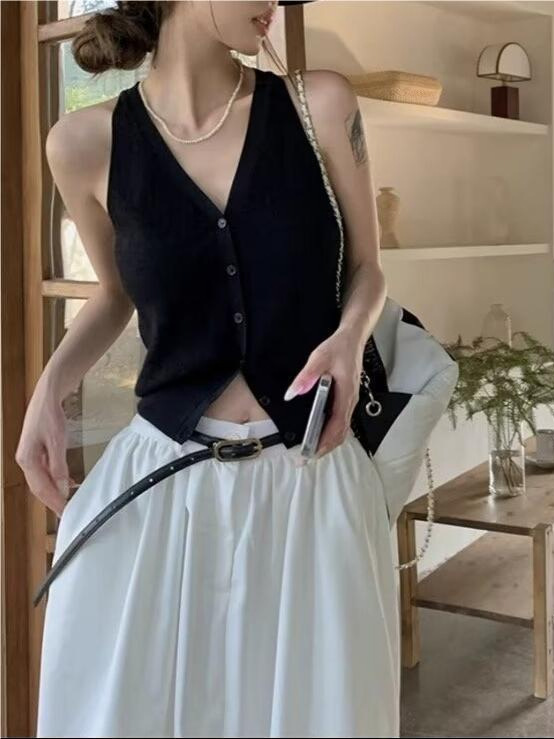 우아한 V 넥 카미 솔 조끼 여성의 봄과 여름 순수한 욕망 스타일 민소매 짧은 카디건 탑 트렌디 한 아우터 웨어
