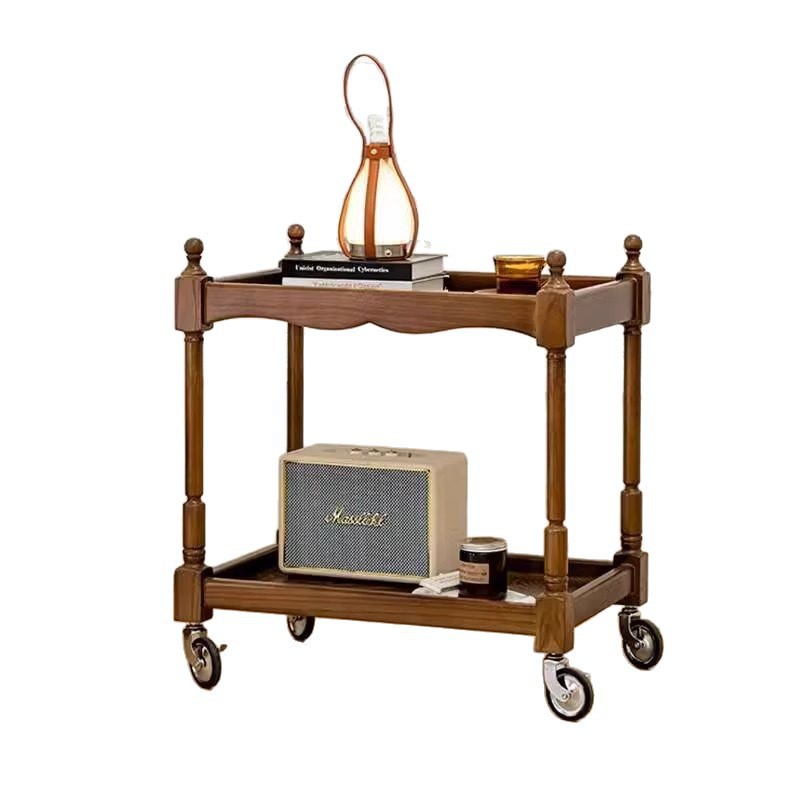 Caminillo móvil mesa de té sala de estar estilo medieval casero mesa de madera sólida doble capa sofá estante lateral mesa lateral