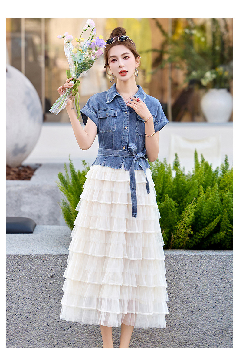 Váy liền denim tay ngắn thắt eo tôn dáng mới mùa hè 2025 YH2666 — Màu như hình chi tiết 14