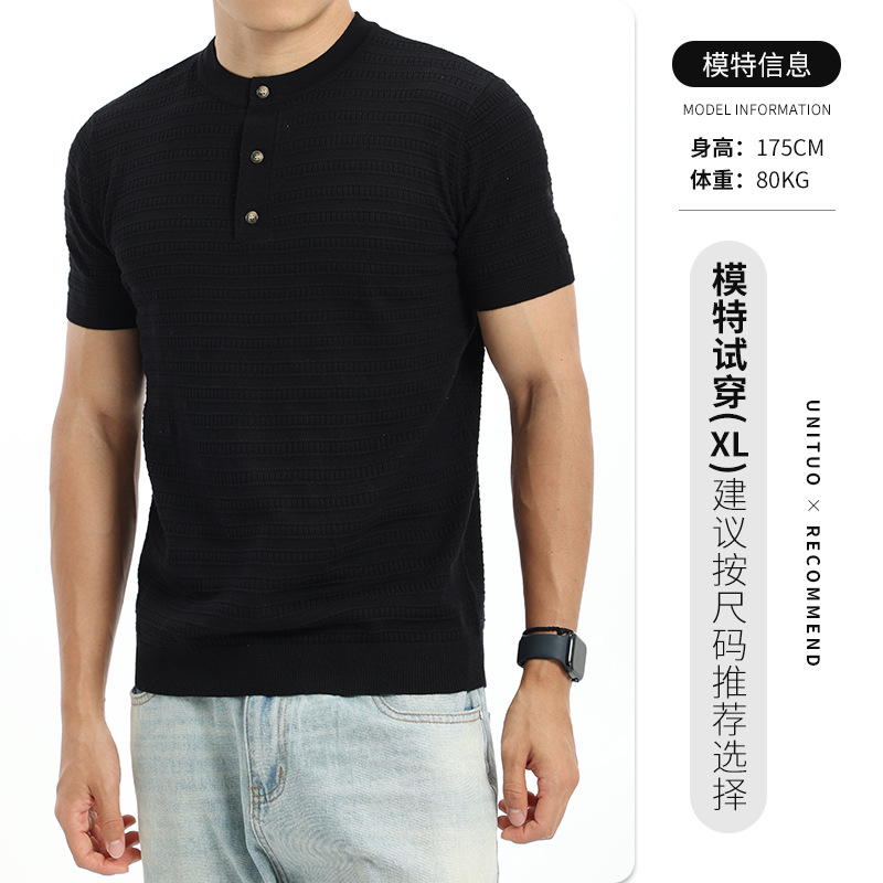 Hielo para hombre Henry cuello camiseta de punto de manga corta de verano fresco de negocios casual ropa de hombre vieja camiseta de textura de estilo de dinero