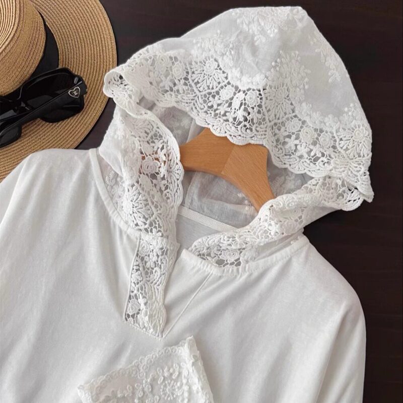 Niche Designer Spicy Girl Slim-Fit Lace Patchwork Long-Sleeve T-Shirt Hooded Top Base Shirt for Women