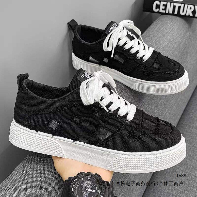 Canvas men's shoes, breathable and lightweight for summer, low-top athletic and casual sneakers, Korean-style, versatile, and available in black