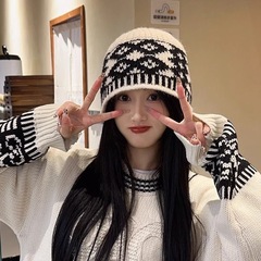 复古拼色菱形格韩系小众设计感针织帽子2025年冬季新款保暖渔夫帽