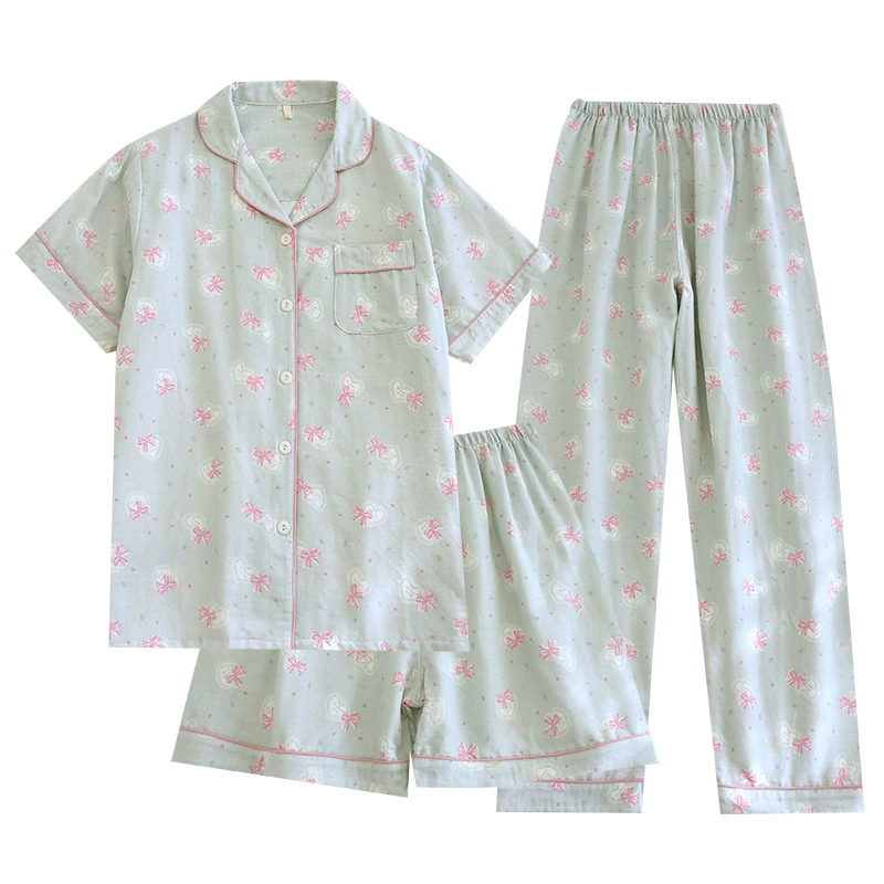 Cotton pijama, gauze summer set, fresh shorts, trousers, 3 piece set, with short sleeve
