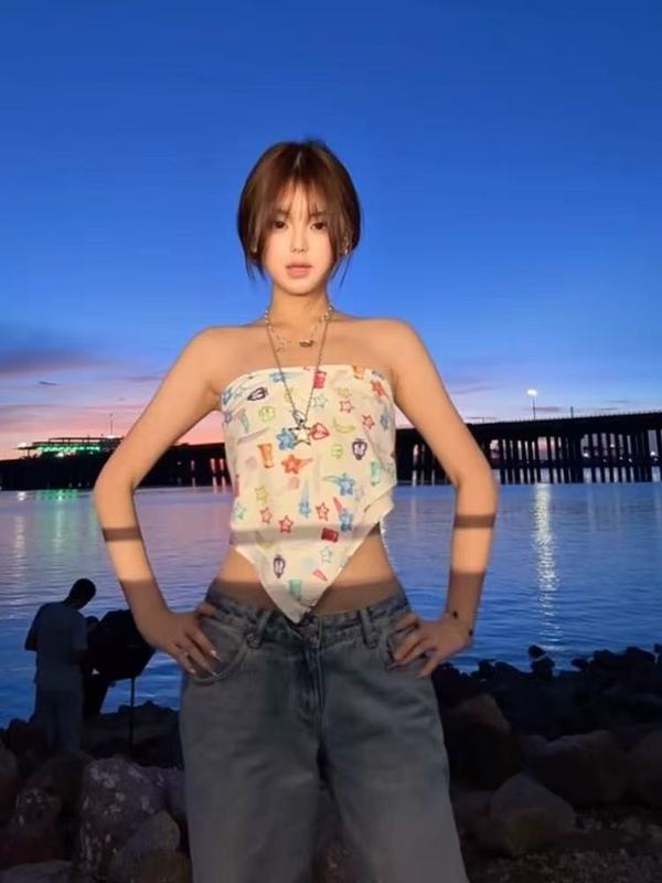 彩色夏日满印小糖果抹胸背心女夏外穿内搭海边度假风辣妹方巾上衣|undefined