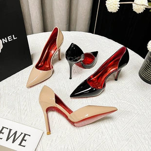 High-heeled Pointed-Toe Pumps, Nude/Black, Low-Cut Design, 6/8/10 cm Heels