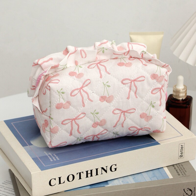 New Bow Cherry Cloth Cosmetic Bag Large Capacity Quilted Skin Care Storage Bag Travel Portable Wash Bag