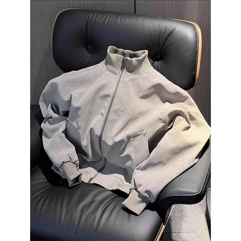 White and Gray Suede Splicing Stand Collar Leather Jacket Men's Autum American Retro Trendy Brand Loose Motorcycle Jacket
