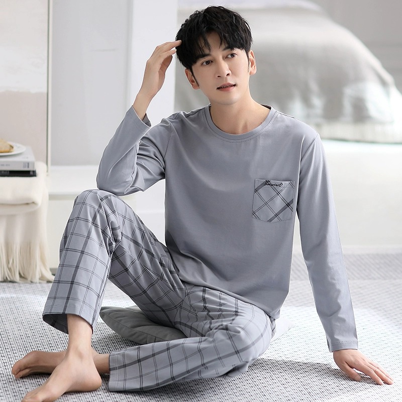 Cross-Border Amazon Europe and America Antibacterial Casual Pajamas Spring and Autumn Men's Round Neck Long-Sleeved Autumn and Winter Home Wear Two-Piece Set