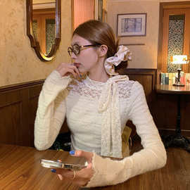 蕾丝钩花半高领长袖小众花边蝴蝶结绑带纯色打底衫内搭上衣