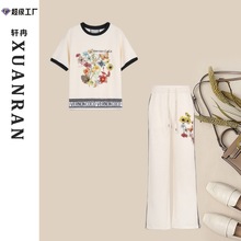 新款蝴蝶鲜花烫钻运动休闲套装女韩版抽绳阔腿裤两件套设计感女装