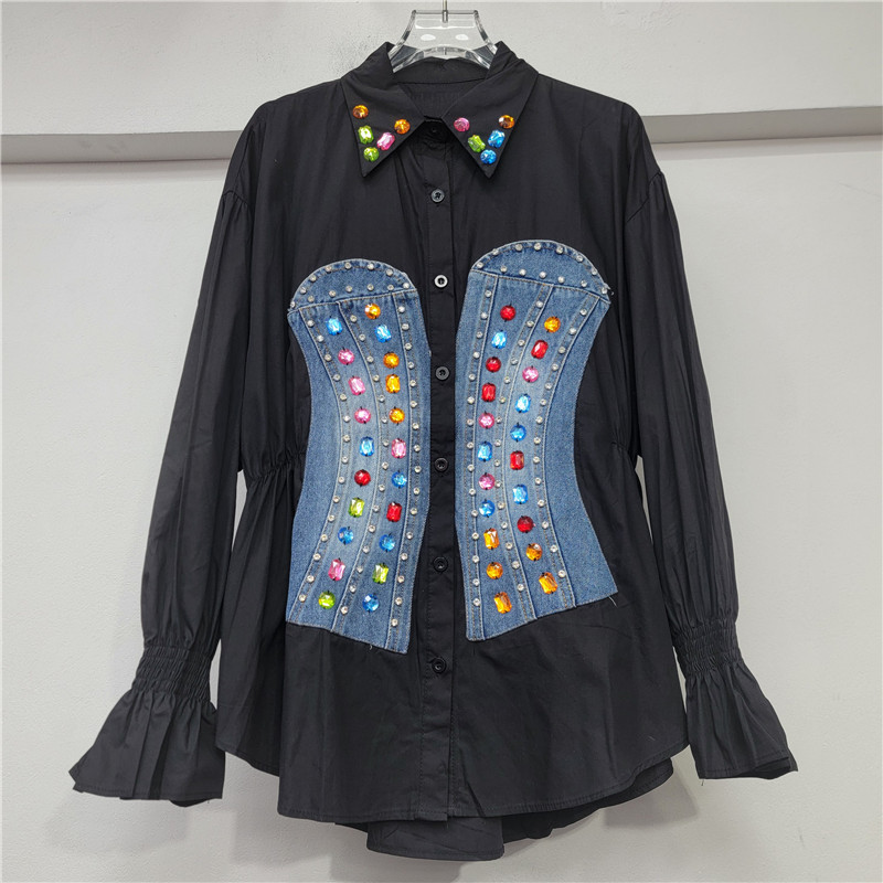 Diseño de manga larga empalmada camisa vaquero de cintura baja mujer 2026 nueva camisa delgada y de moda