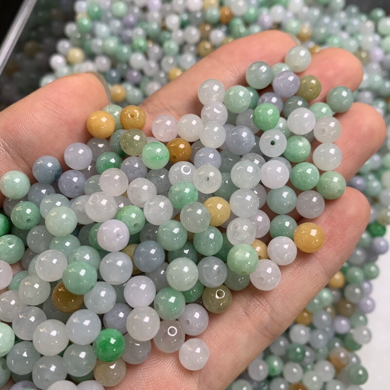 天然翡翠ルースビーズA級6.5mm卸売三彩氷種翡翠ビーズ手芸DIY翡翠豆青種翡翠ビーズ|undefined