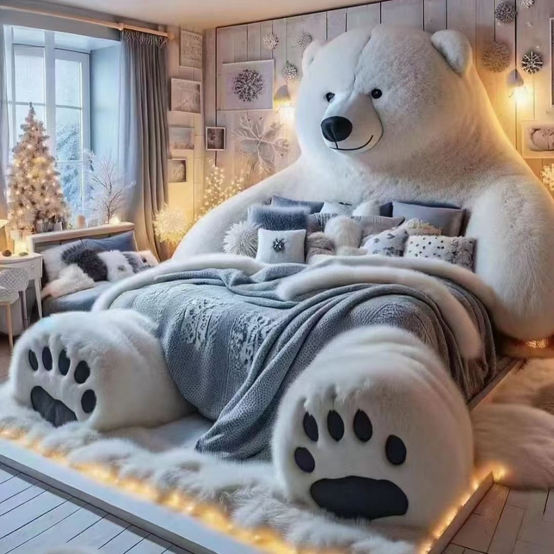 Light Luxury Creative Large Two-Dimensional Animal Polar Bear Monster Bed Genuine Leather Fabric Plush Minimalist Cream Bed