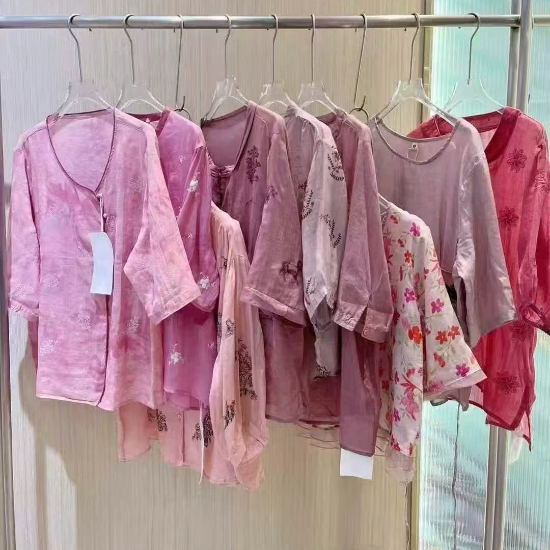 25 новых летних топов с круглым вырезом для похудения, цветочный топ из рами, антибактериальная и против клещей, легкая и дышащая футболка с ретро-принтом