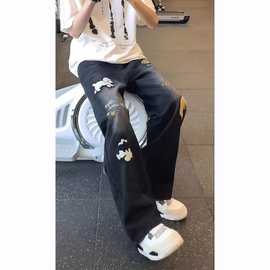 贴花阔腿黑色牛仔裤女秋冬休闲男夏季显瘦宽松慵懒垂感直筒裤子