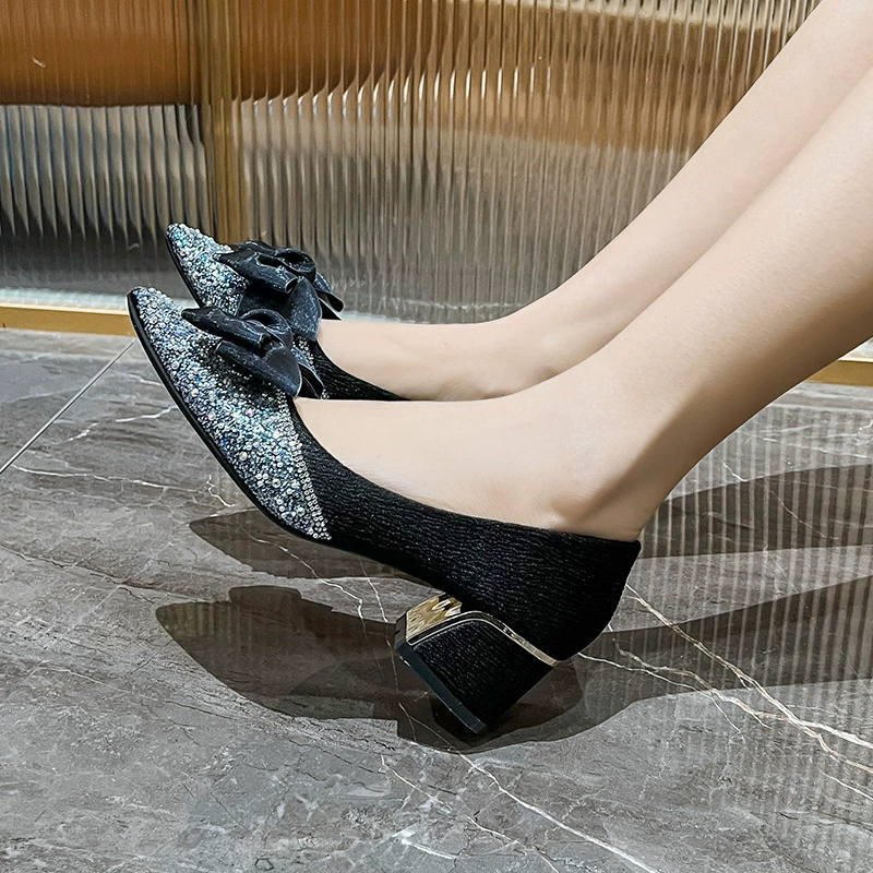 Французский стиль блестящие банты kitten heels, женская обувь высокого качества, тренд 2024, черный/абрикос, EU 35-43