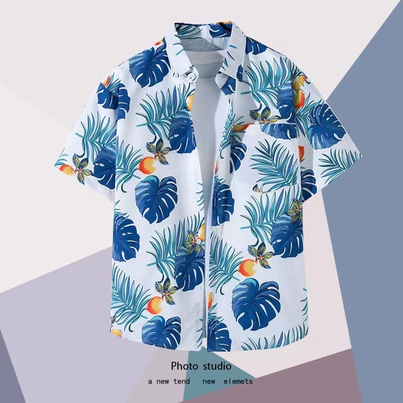 Summer Beach floral hombres y mujeres camisa delgada ins moda hawaiana transfronteriza suelta tie-dyed manga corta pareja camisa