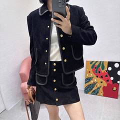 CE风真皮皮衣女山羊皮反绒小香风翻领轻奢皮夹克外套短款2025新款