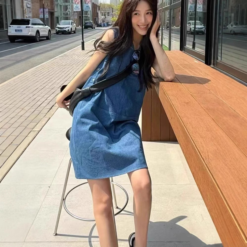 韓国系chic夏フランス式レトロ丸首ゆるいカジュアル純色ノースリーブチョッキデニムワンピーススカート女性|undefined