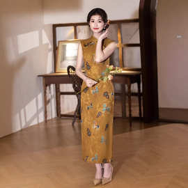 春夏无袖黄色仕女图旗袍显白温柔日常可穿气质新中式改良连衣裙女