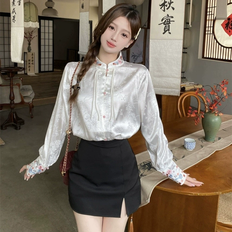 Новая женская рубашка с воротником-стойкой в ​​китайском стиле, весенняя дизайнерская рубашка с цветочной вышивкой