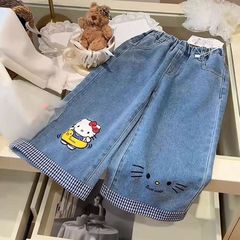 女童韩版牛仔裤2025秋季新款儿童洋气可爱卡通卷边牛仔直筒裤时髦