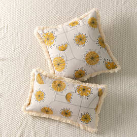 北欧风时尚流苏边装饰黄色蒲公英印花抱枕套家居装饰沙发靠垫套