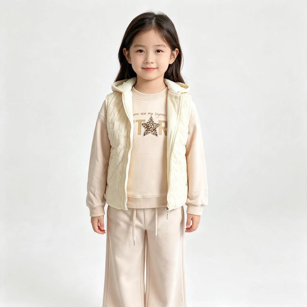 Children's Autumn and Winter Warm Three-Piece Set: Hooded Vest, Sweatshirt, Wide-Leg Pants, Beige & Black, Fashionable Style for Girls