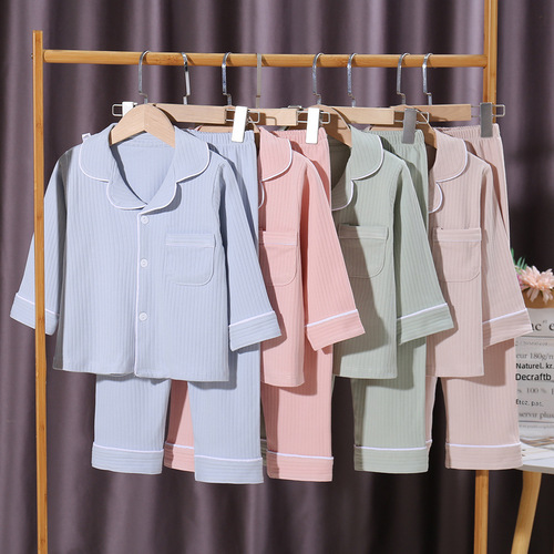  Autumn/Winter New Middle-Size Children's Solid Color Cotton Fleece Long-Sleeve Pajama Set with Casual Collar Knit Top