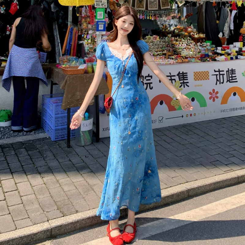 Beach Vacation Blue Dress for Women, Summer Lace Patchwork Floral Long Dress, Yunnan Travel Summer Stunning Dress