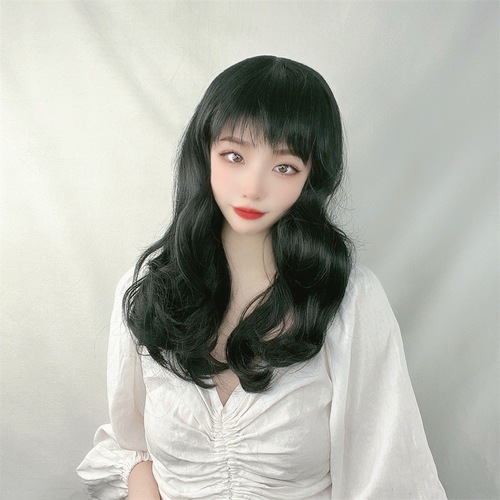 Wig for women with oblique bangs, mid-length curly hair, shoulder-length, full wig set for mothers, middle-aged and elderly women with fluffy hair