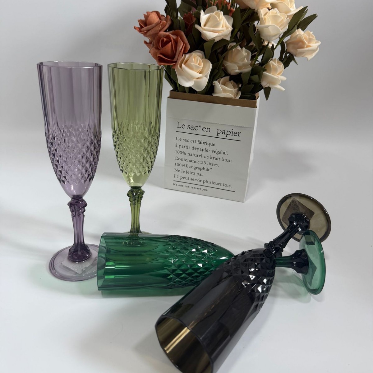 Transfronterizo 220ml tazas de vino PS tazas de vino rosas de diamante tazas de champagne tazas de pie alto tazas de vino rosas creativas de color