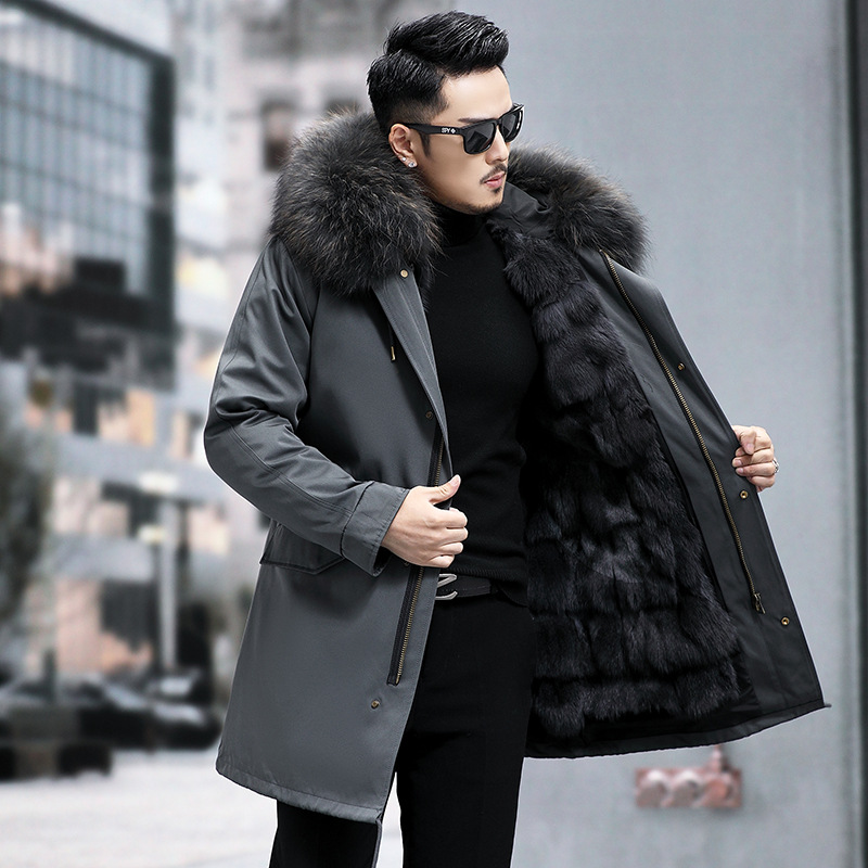 중간 길이 다크 그레이 쉘 헤이즈 블루 폭스 모피 라이너