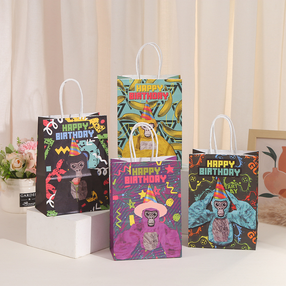 卡通猩猩手提袋色彩印花牛皮纸包装袋派对糖果礼物袋子纸袋子现货