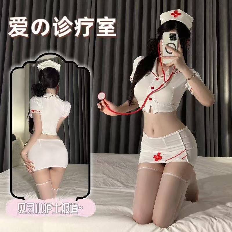 Nurse Role-Play Lingerie Set with Short-Sleeved Slit Dress and White Bodystockings — detail image 1