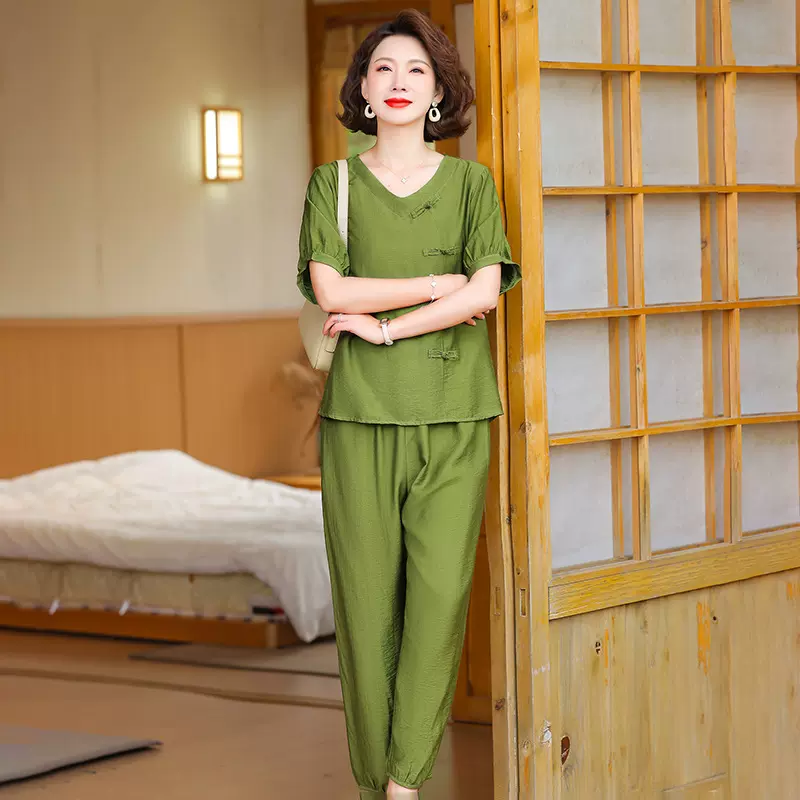时尚提花天丝麻棉休闲套装女夏季新款中老年妈妈装宽松遮肚两件套