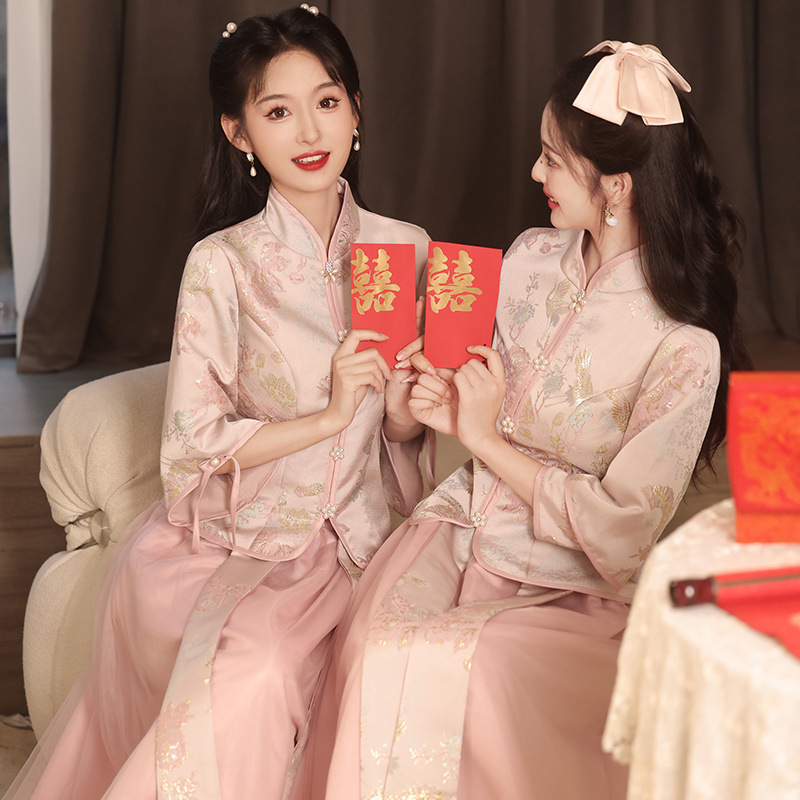 Chinese Bridesmaid Dress 2024 New Style Green Bean Powder Republic of China Style Retro Slimming Sisters Bridesmaid Dress Dress