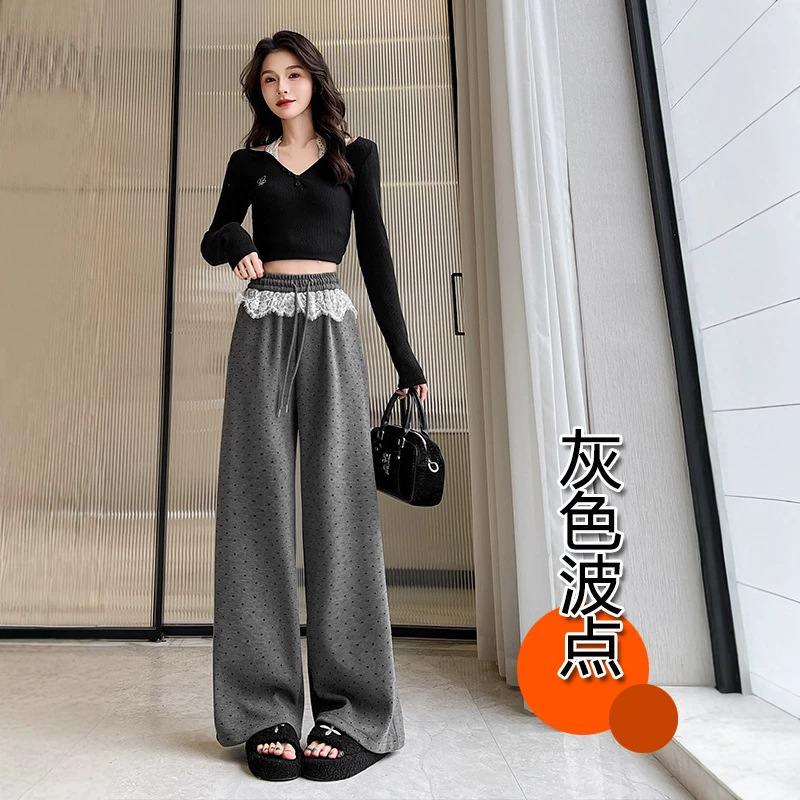 Fashionable Design for Plus-Size Girls: Polka Dot Patchwork Lace Trim Petite Long Pants, Slimming Summer Elastic Waist Pants Fashionable Design for Plus-Size Girls: Polka Dot Patchwork Lace Trim Petite Long Pants, Slimming Summer Elastic Waist Pants