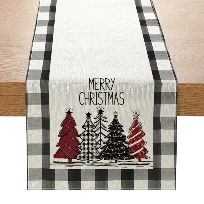 Camino de mesa navideño con estampado de muñeco de nieve y Santa