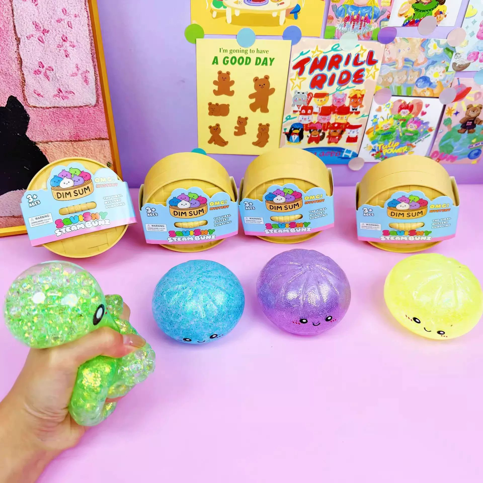 8.5 Gold Powder Beads Big Bun Cartoon Expression Squeeze Toy Blind Box Pull Toy Light-Up Simulation Xiaolongbao Toy
