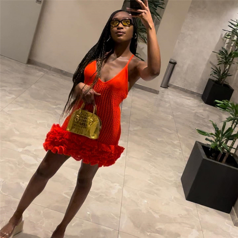 2024 Abito da donna nuovo sexy con bordo auricolare in legno cavo, lavorato a maglia, con fascia avvolgente_voghion.com